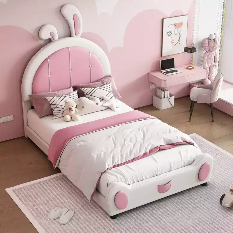 Rabbit Shaped Platform Bed Frame for Kids, Cute Twin PU Upholstered Bed Frame with Headboard for Boys Girls, White+Pink
