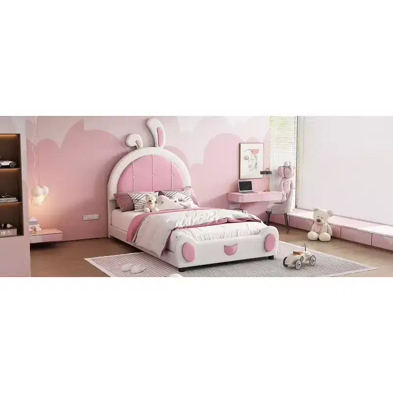 Rabbit Shaped Platform Bed Frame for Kids, Cute Twin PU Upholstered Bed Frame with Headboard for Boys Girls, White+Pink