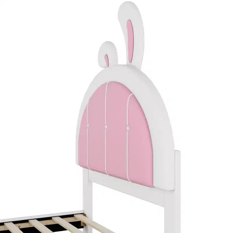 Rabbit Shaped Platform Bed Frame for Kids, Cute Twin PU Upholstered Bed Frame with Headboard for Boys Girls, White+Pink