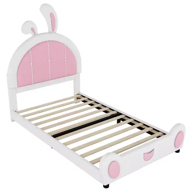 Rabbit Shaped Platform Bed Frame for Kids, Cute Twin PU Upholstered Bed Frame with Headboard for Boys Girls, White+Pink
