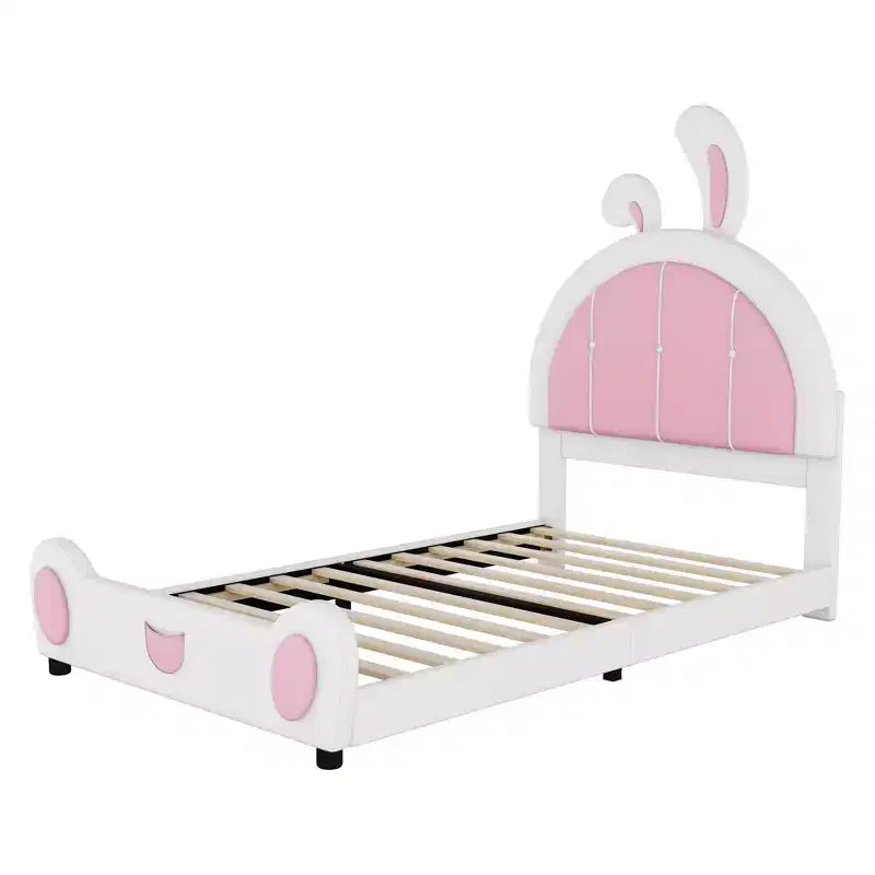 Rabbit Shaped Platform Bed Frame for Kids, Cute Twin PU Upholstered Bed Frame with Headboard for Boys Girls, White+Pink