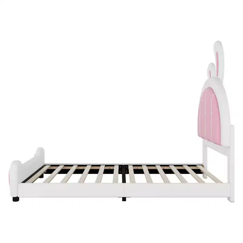 Rabbit Shaped Platform Bed Frame for Kids, Cute Twin PU Upholstered Bed Frame with Headboard for Boys Girls, White+Pink
