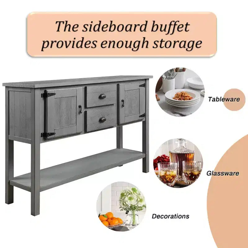 Farmhouse-style sideboard with two drawers, cabinet, and bottom shelf Kitchen, dining room, or entryway sideboard Sofa table