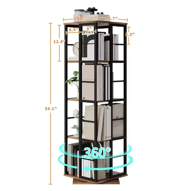 360Rotating Bookshelf, 54 inch Tall Metal Spinning Bookshelf Tower, Industrial Revolving Bookcase, Freestanding Book Shelf Organizer for Living Room