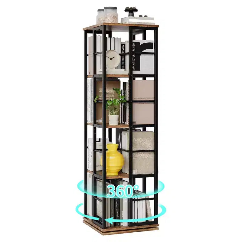 360Rotating Bookshelf, 54 inch Tall Metal Spinning Bookshelf Tower, Industrial Revolving Bookcase, Freestanding Book Shelf Organizer for Living Room