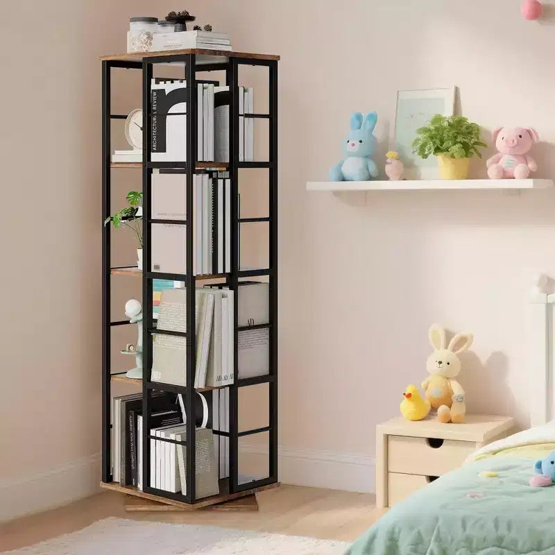 360Rotating Bookshelf, 54 inch Tall Metal Spinning Bookshelf Tower, Industrial Revolving Bookcase, Freestanding Book Shelf Organizer for Living Room