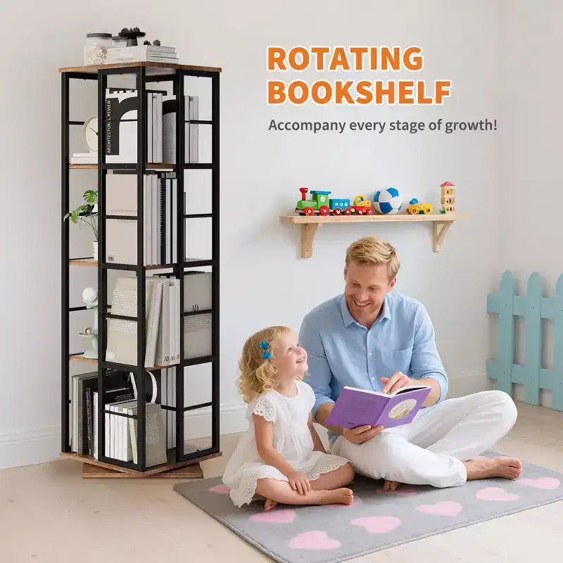 360Rotating Bookshelf, 54 inch Tall Metal Spinning Bookshelf Tower, Industrial Revolving Bookcase, Freestanding Book Shelf Organizer for Living Room
