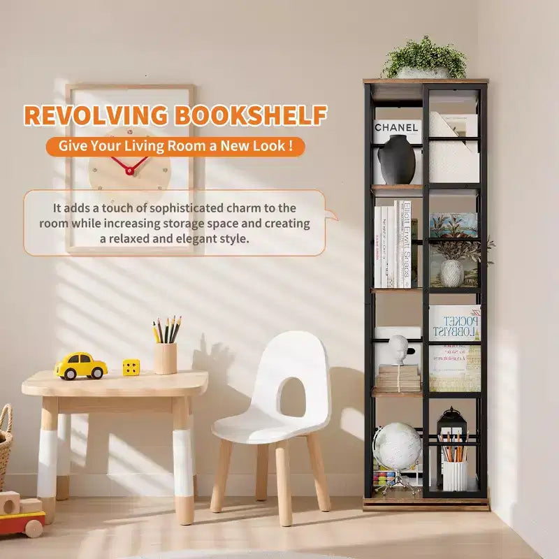 360Rotating Bookshelf, 54 inch Tall Metal Spinning Bookshelf Tower, Industrial Revolving Bookcase, Freestanding Book Shelf Organizer for Living Room
