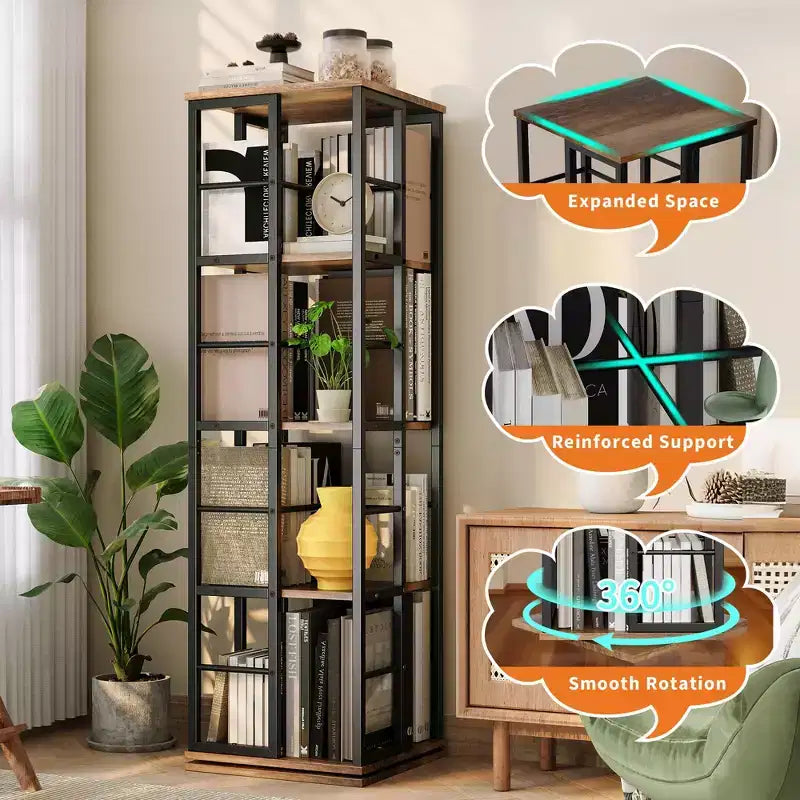 360Rotating Bookshelf, 54 inch Tall Metal Spinning Bookshelf Tower, Industrial Revolving Bookcase, Freestanding Book Shelf Organizer for Living Room