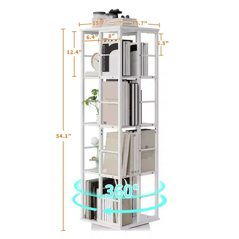 360Rotating Bookshelf, 54 inch Tall Metal Spinning Bookshelf Tower, Industrial Revolving Bookcase, Freestanding Book Shelf Organizer for Living Room