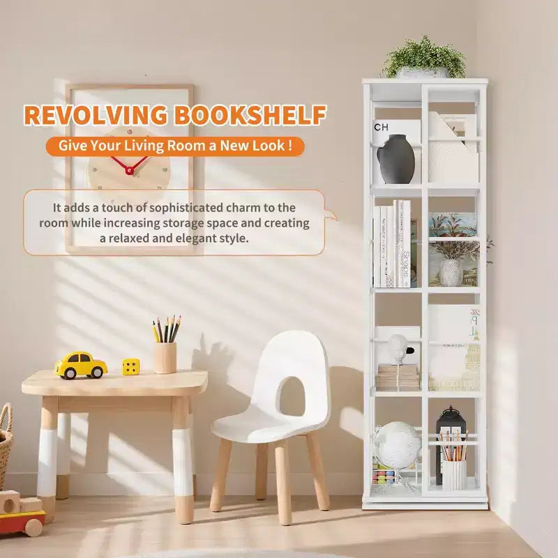 360Rotating Bookshelf, 54 inch Tall Metal Spinning Bookshelf Tower, Industrial Revolving Bookcase, Freestanding Book Shelf Organizer for Living Room