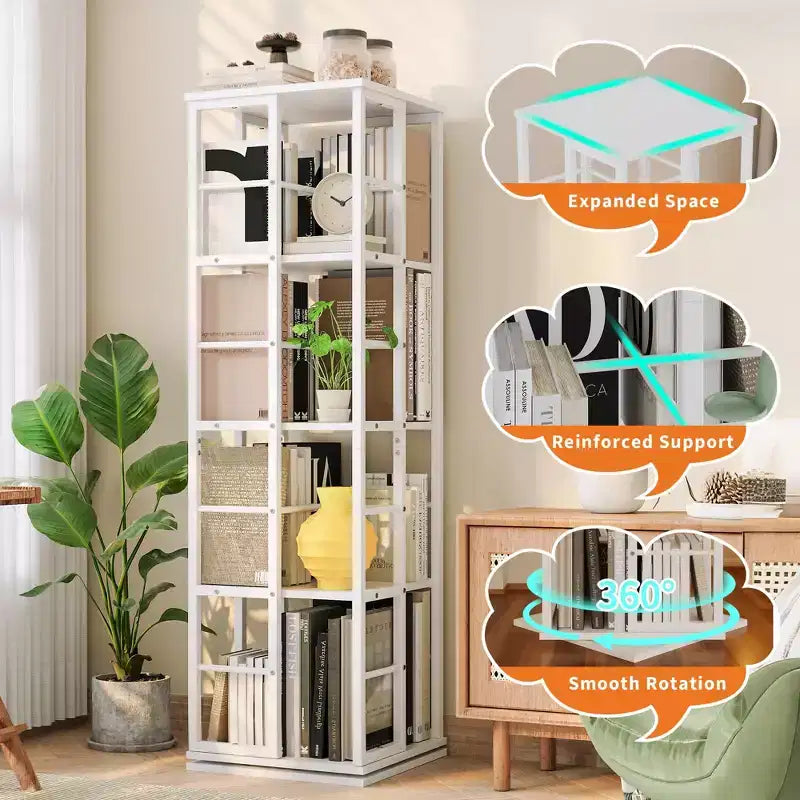 360Rotating Bookshelf, 54 inch Tall Metal Spinning Bookshelf Tower, Industrial Revolving Bookcase, Freestanding Book Shelf Organizer for Living Room