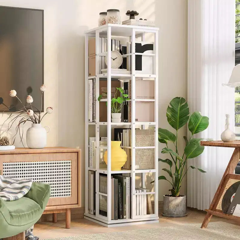 360Rotating Bookshelf, 54 inch Tall Metal Spinning Bookshelf Tower, Industrial Revolving Bookcase, Freestanding Book Shelf Organizer for Living Room