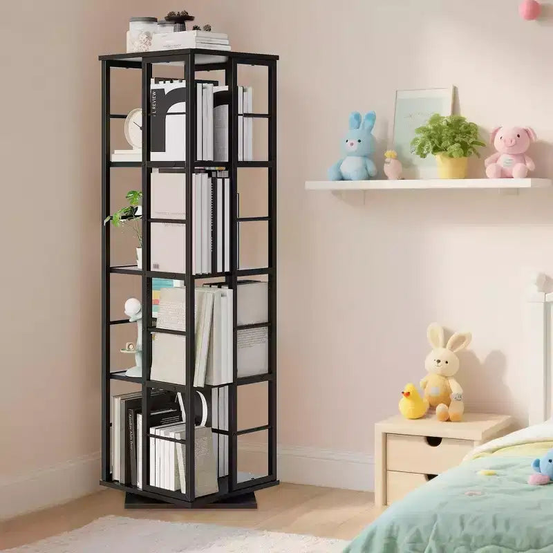 360Rotating Bookshelf, 54 inch Tall Metal Spinning Bookshelf Tower, Industrial Revolving Bookcase, Freestanding Book Shelf Organizer for Living Room