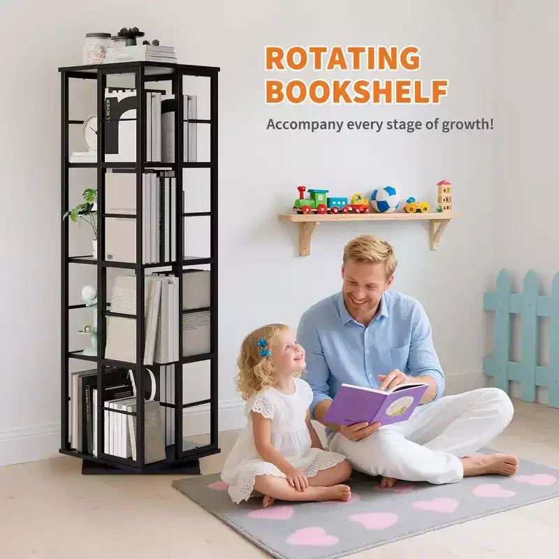 360Rotating Bookshelf, 54 inch Tall Metal Spinning Bookshelf Tower, Industrial Revolving Bookcase, Freestanding Book Shelf Organizer for Living Room