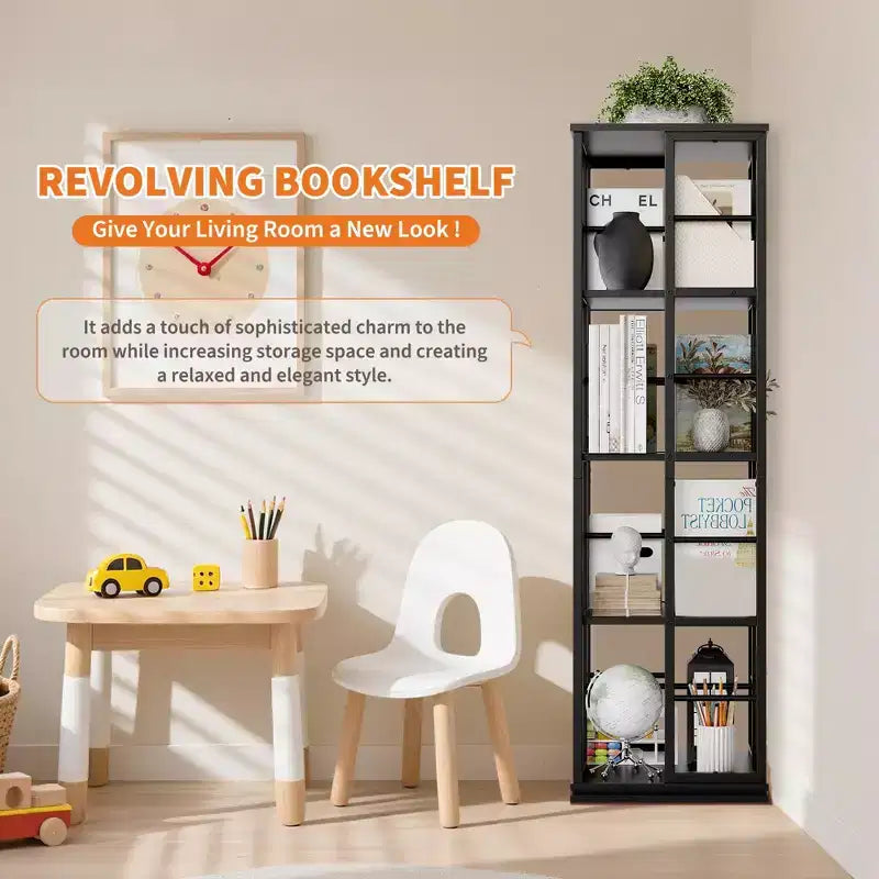 360Rotating Bookshelf, 54 inch Tall Metal Spinning Bookshelf Tower, Industrial Revolving Bookcase, Freestanding Book Shelf Organizer for Living Room