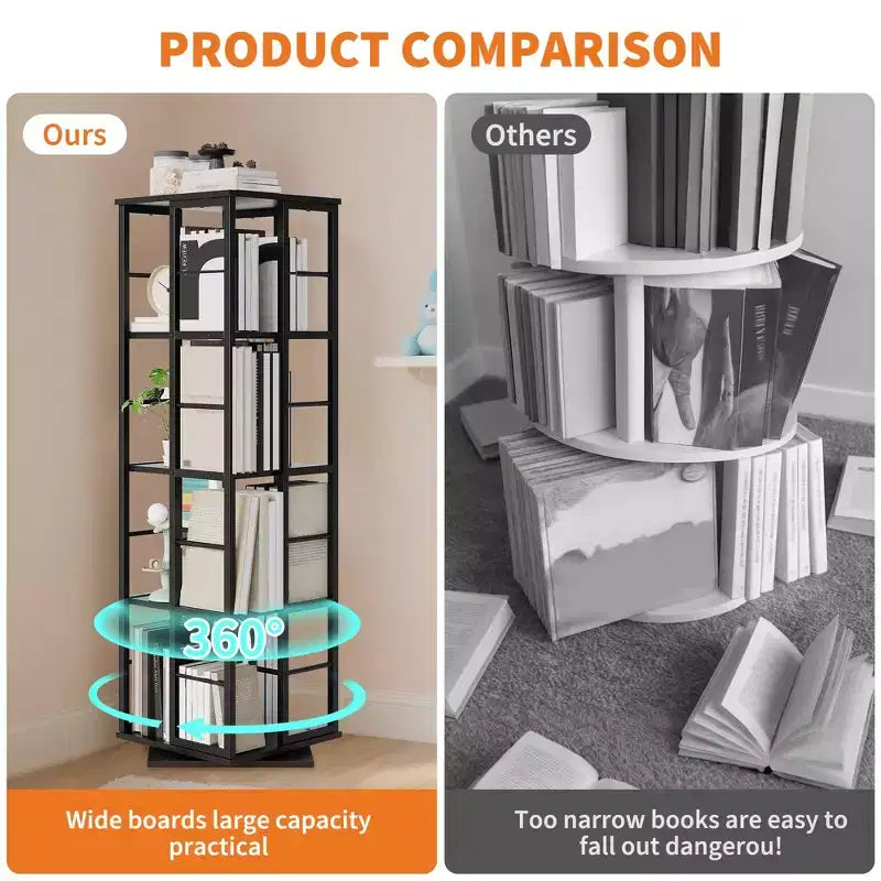 360Rotating Bookshelf, 54 inch Tall Metal Spinning Bookshelf Tower, Industrial Revolving Bookcase, Freestanding Book Shelf Organizer for Living Room