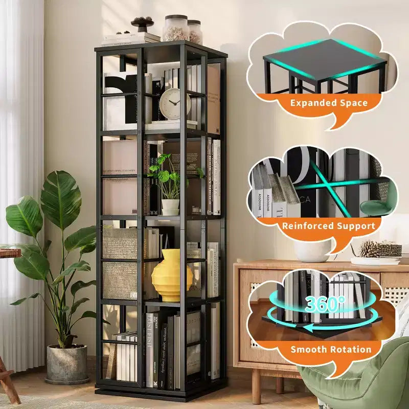 360Rotating Bookshelf, 54 inch Tall Metal Spinning Bookshelf Tower, Industrial Revolving Bookcase, Freestanding Book Shelf Organizer for Living Room