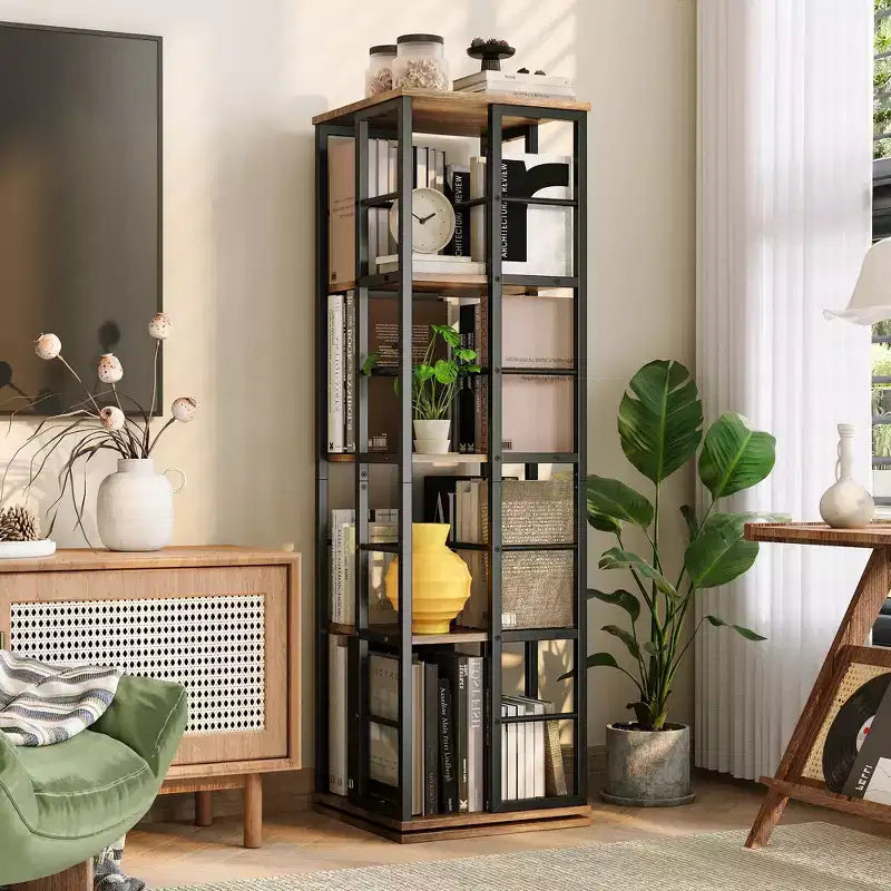 360Rotating Bookshelf, 54 inch Tall Metal Spinning Bookshelf Tower, Industrial Revolving Bookcase, Freestanding Book Shelf Organizer for Living Room