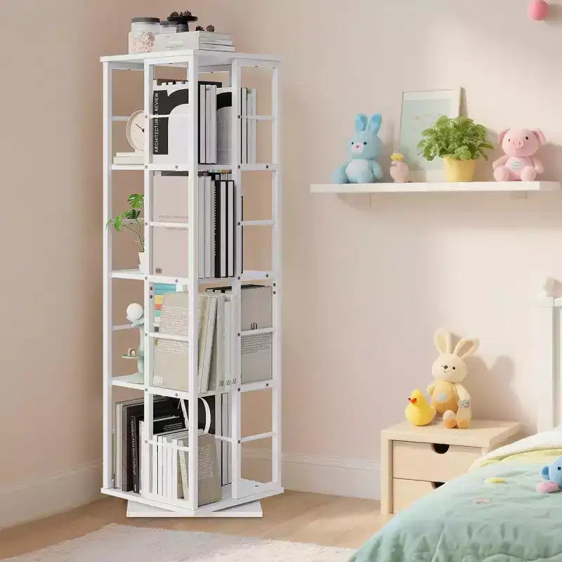 360Rotating Bookshelf, 54 inch Tall Metal Spinning Bookshelf Tower, Industrial Revolving Bookcase, Freestanding Book Shelf Organizer for Living Room