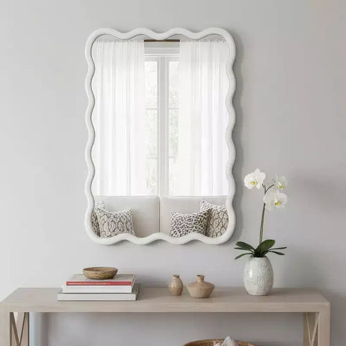 PexFix 24 x 36 Wavy Rectangle Solid Wood Frame Decorative Mirror Modern Farmhouse Wall Mirror For Bedroom Bathroom Living Room Entryway White