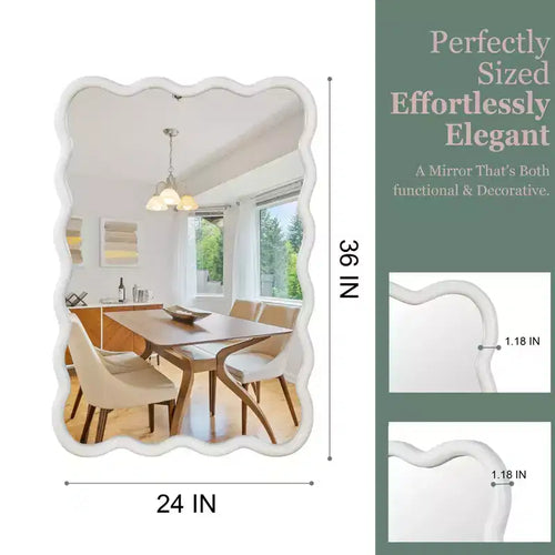 24 x 36 Wavy Rectangle Solid Wood Frame Decorative Mirror Modern Farmhouse Wall Mirror For Bedroom Bathroom Living Room Entryway White