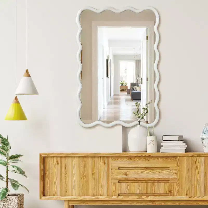 24 x 36 Wavy Rectangle Solid Wood Frame Decorative Mirror Modern Farmhouse Wall Mirror For Bedroom Bathroom Living Room Entryway White