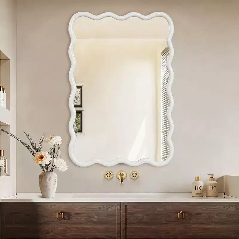 24 x 36 Wavy Rectangle Solid Wood Frame Decorative Mirror Modern Farmhouse Wall Mirror For Bedroom Bathroom Living Room Entryway White