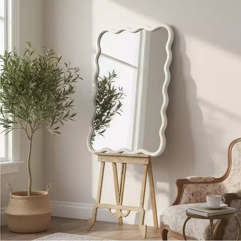 24 x 36 Wavy Rectangle Solid Wood Frame Decorative Mirror Modern Farmhouse Wall Mirror For Bedroom Bathroom Living Room Entryway White