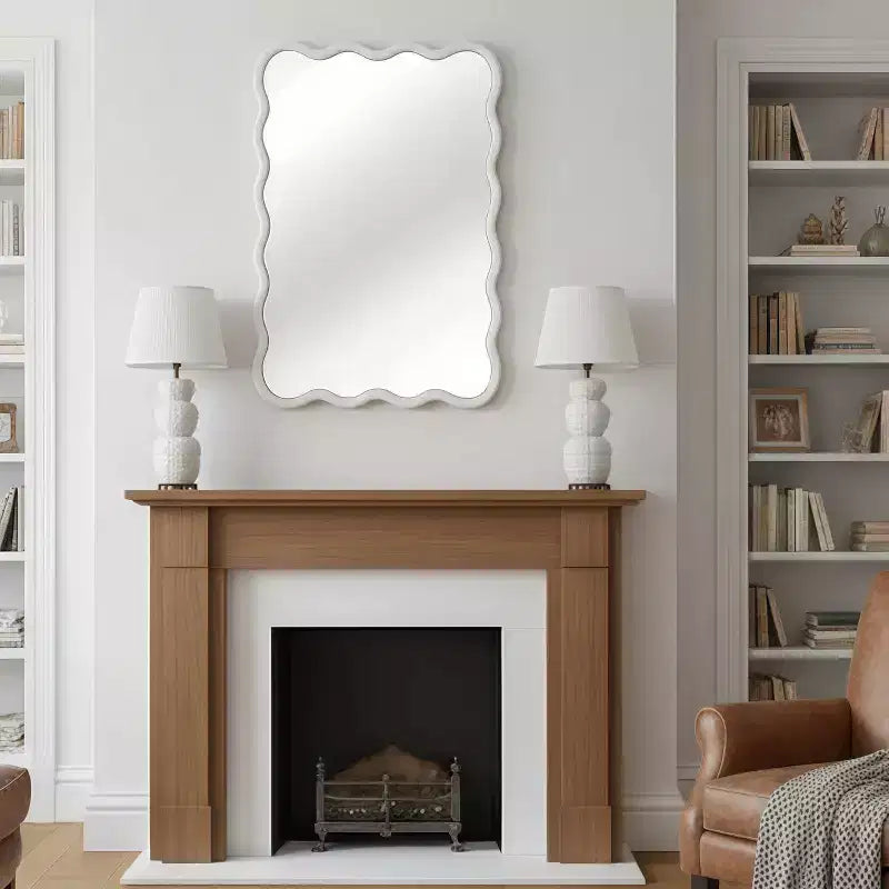 24 x 36 Wavy Rectangle Solid Wood Frame Decorative Mirror Modern Farmhouse Wall Mirror For Bedroom Bathroom Living Room Entryway White