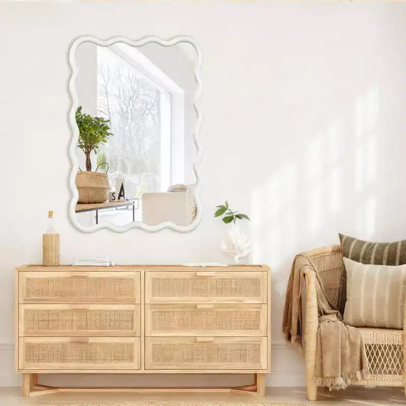 24 x 36 Wavy Rectangle Solid Wood Frame Decorative Mirror Modern Farmhouse Wall Mirror For Bedroom Bathroom Living Room Entryway White