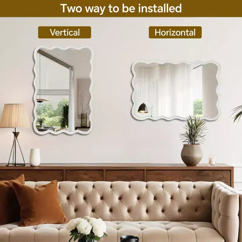 24 x 36 Wavy Rectangle Solid Wood Frame Decorative Mirror Modern Farmhouse Wall Mirror For Bedroom Bathroom Living Room Entryway White