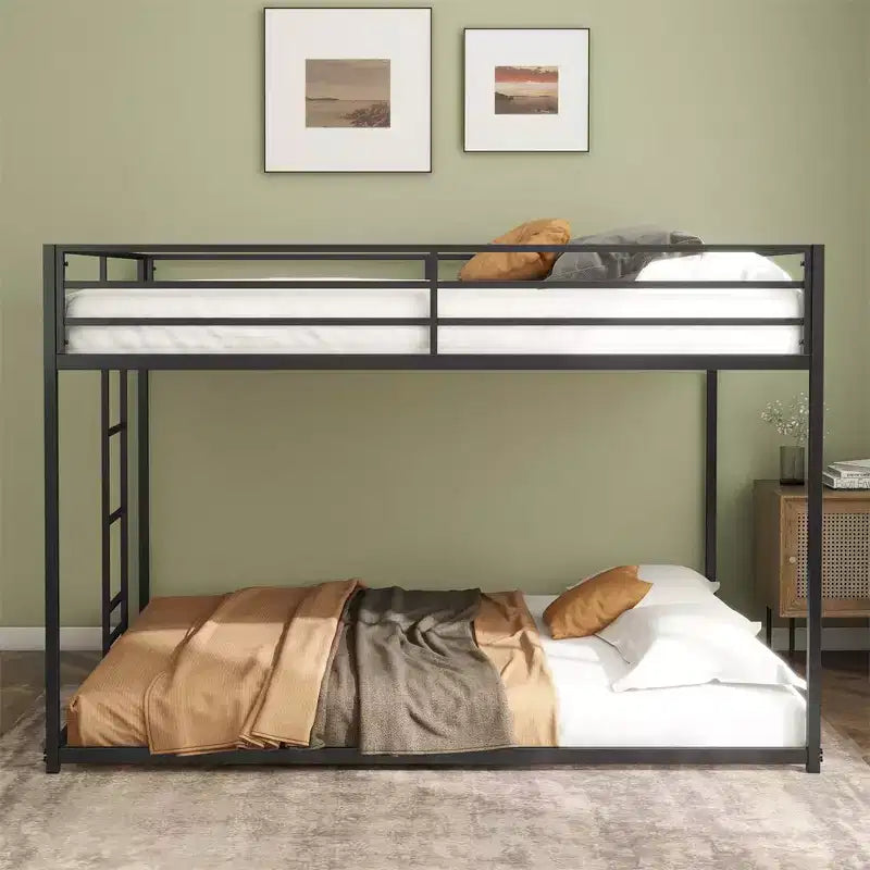 Full over Full Metal Bunk Bed with Ladder, Easy Climbing with Adjustable Ladder, Metal Slats Supports, No Box Spring Needed