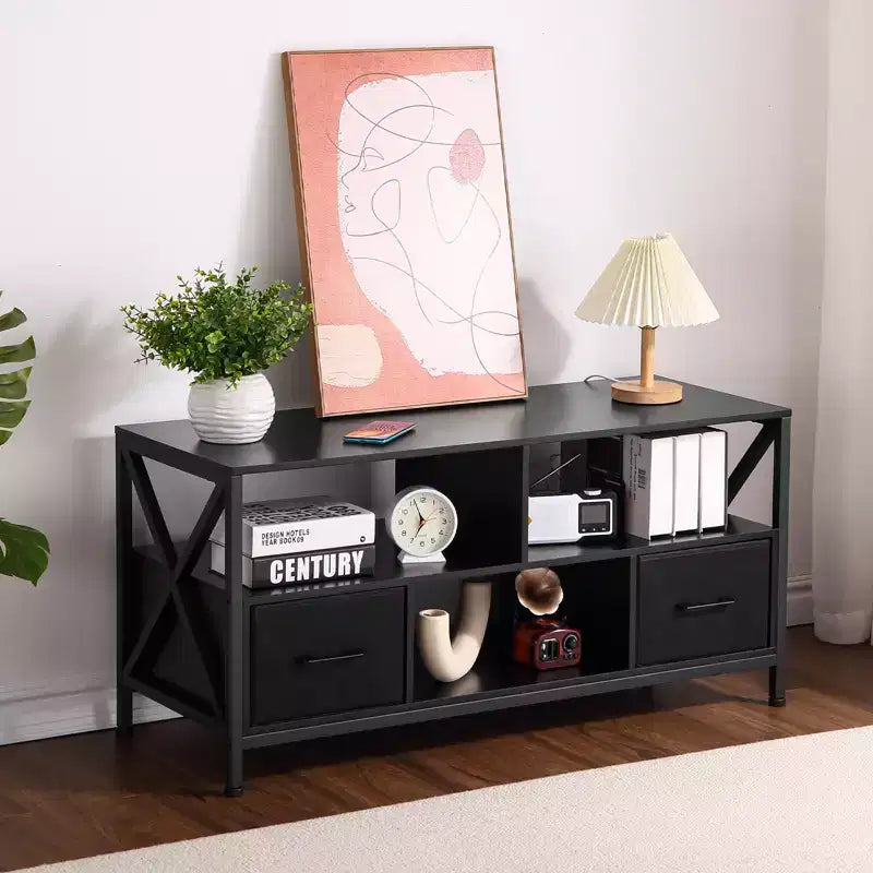 Entertainment stand for TVs up to 50 inches, TV cabinet with three-tier storage shelves, entertainment center TV stand for living rooms, metal frame