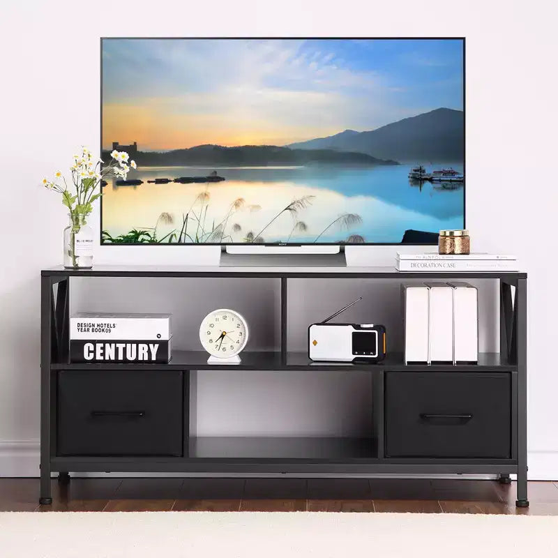Entertainment stand for TVs up to 50 inches, TV cabinet with three-tier storage shelves, entertainment center TV stand for living rooms, metal frame