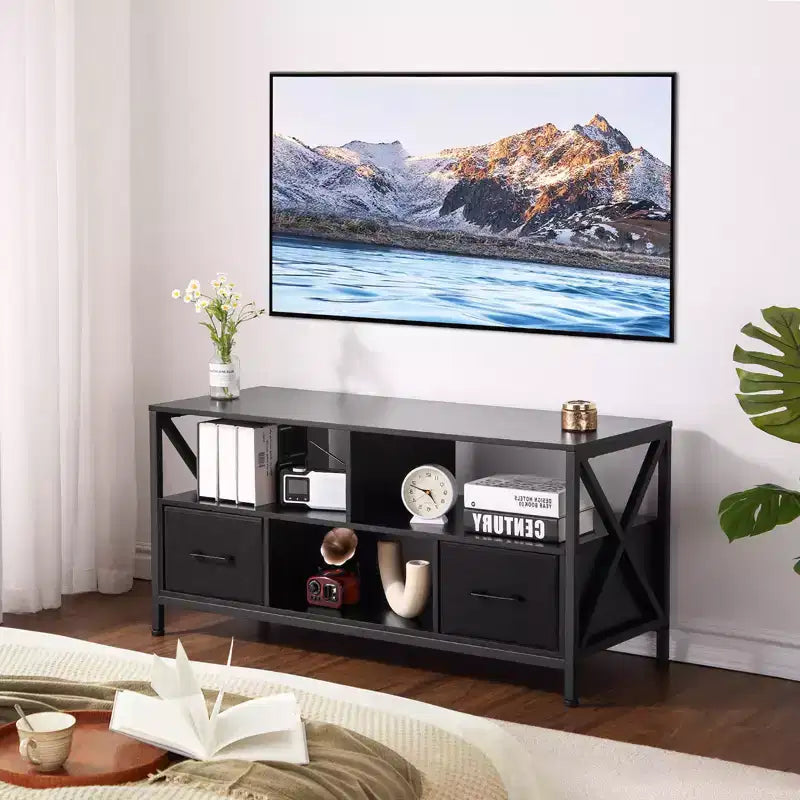 Entertainment stand for TVs up to 50 inches, TV cabinet with three-tier storage shelves, entertainment center TV stand for living rooms, metal frame