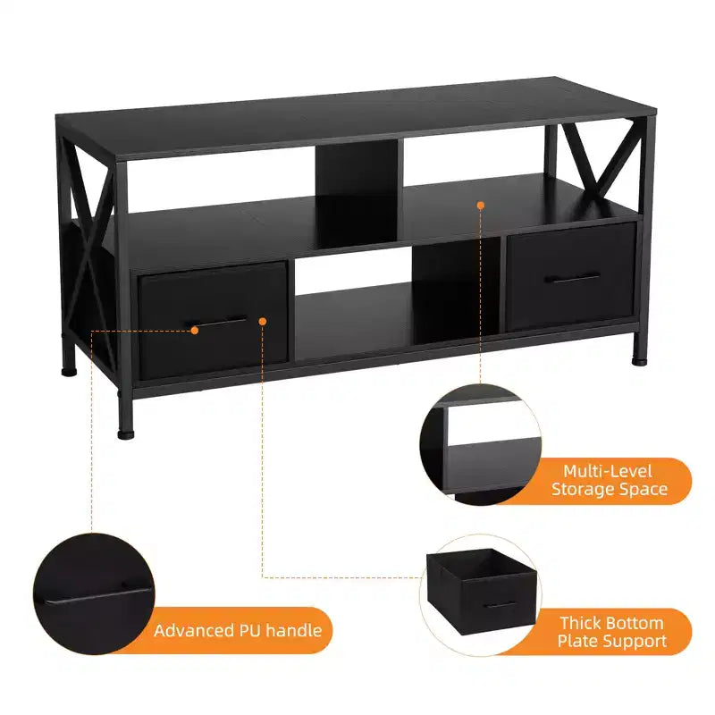 Entertainment stand for TVs up to 50 inches, TV cabinet with three-tier storage shelves, entertainment center TV stand for living rooms, metal frame