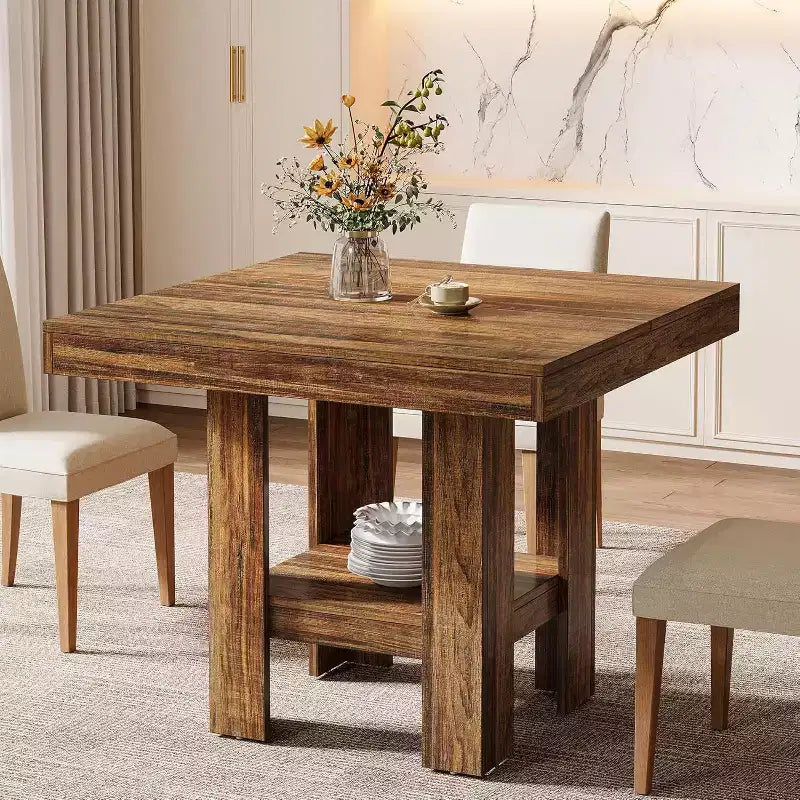 Lantine 31.5 Square Dining Table for 4, Small Kitchen Table with Shelf Storage for Apartments, Offices, Living Rooms, Restaurants, Brown