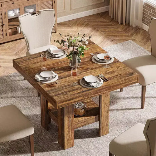 Table à manger carrée de 80 cm pour 4 personnes, petite table de cuisine avec étagère de rangement pour appartements, bureaux, salons, restaurants, marron