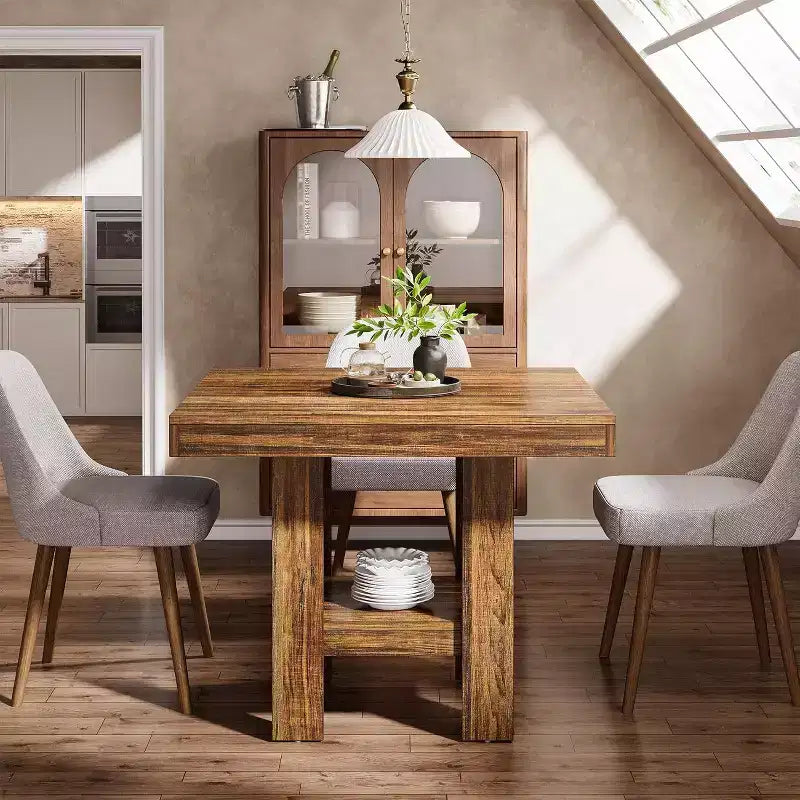 31.5 Square Dining Table for 4, Small Kitchen Table with Shelf Storage for Apartments, Offices, Living Rooms, Restaurants, Brown