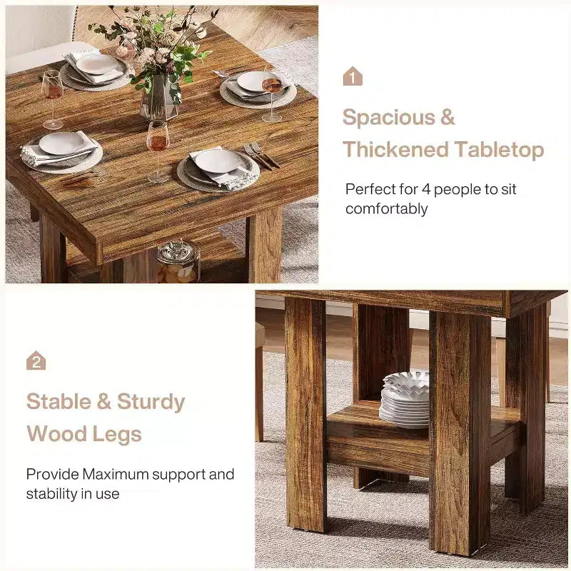 31.5 Square Dining Table for 4, Small Kitchen Table with Shelf Storage for Apartments, Offices, Living Rooms, Restaurants, Brown