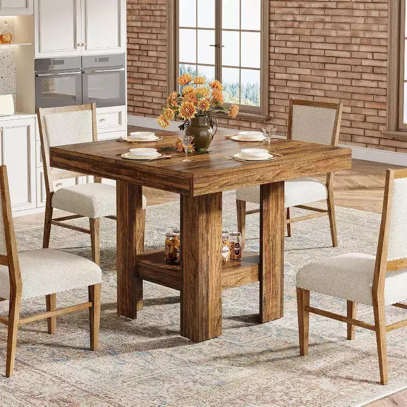 31.5 Square Dining Table for 4, Small Kitchen Table with Shelf Storage for Apartments, Offices, Living Rooms, Restaurants, Brown