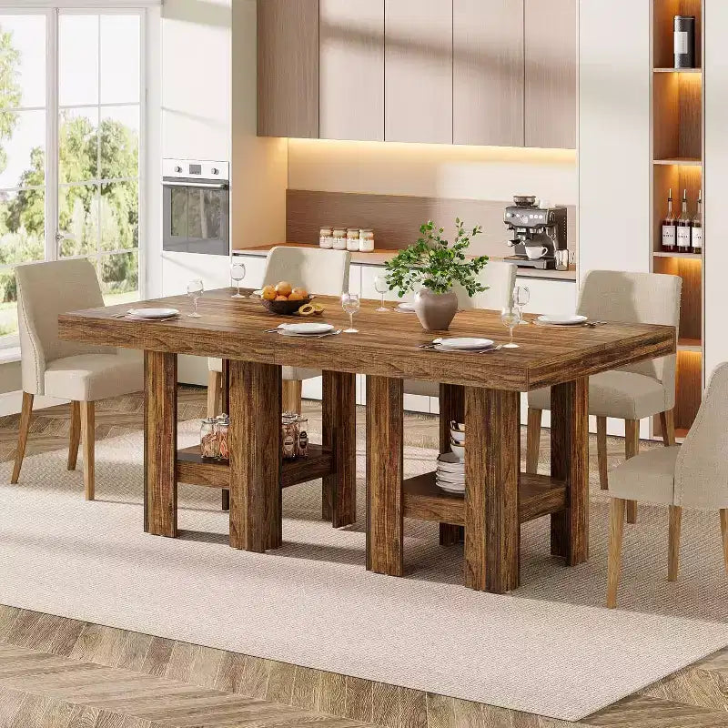 31.5 Square Dining Table for 4, Small Kitchen Table with Shelf Storage for Apartments, Offices, Living Rooms, Restaurants, Brown