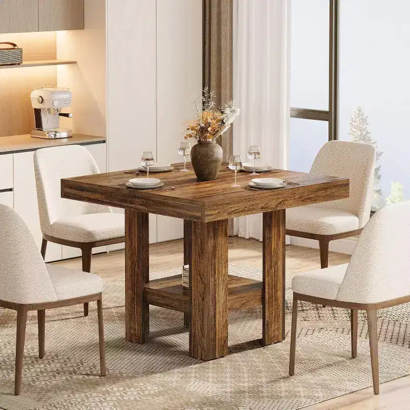 31.5 Square Dining Table for 4, Small Kitchen Table with Shelf Storage for Apartments, Offices, Living Rooms, Restaurants, Brown