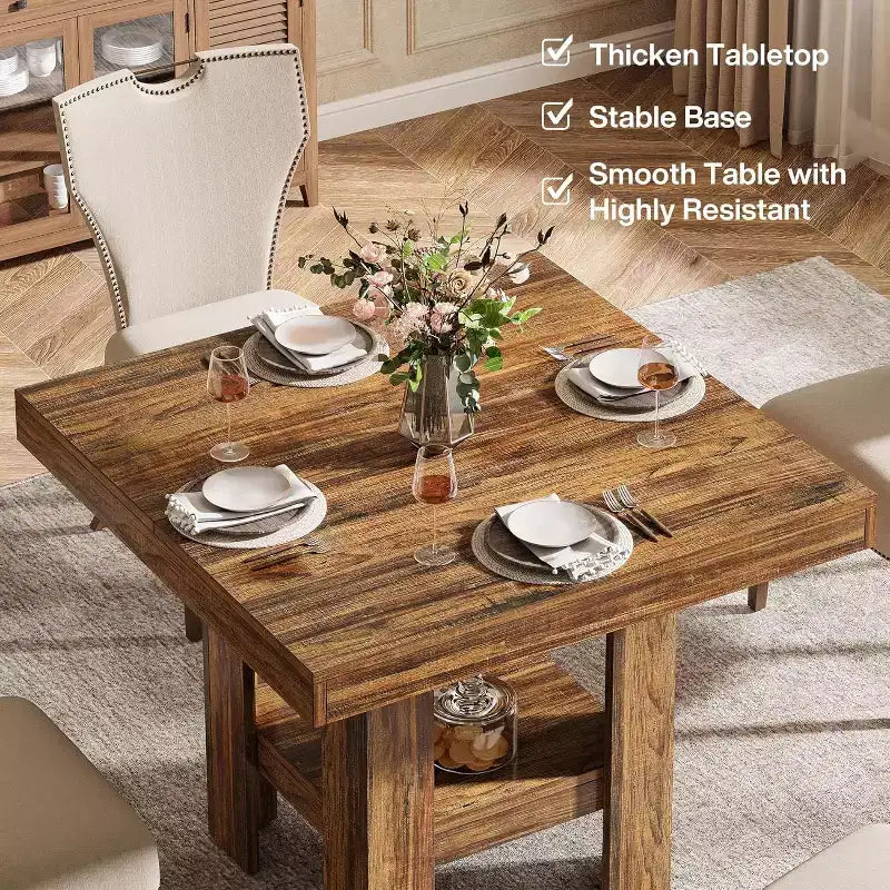 31.5 Square Dining Table for 4, Small Kitchen Table with Shelf Storage for Apartments, Offices, Living Rooms, Restaurants, Brown