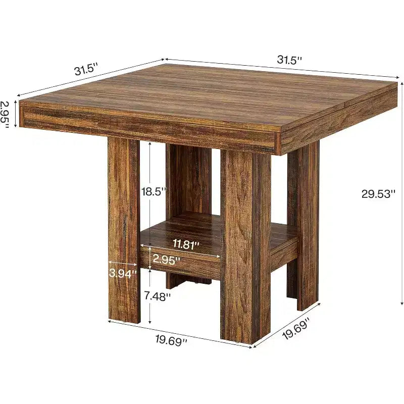 31.5 Square Dining Table for 4, Small Kitchen Table with Shelf Storage for Apartments, Offices, Living Rooms, Restaurants, Brown