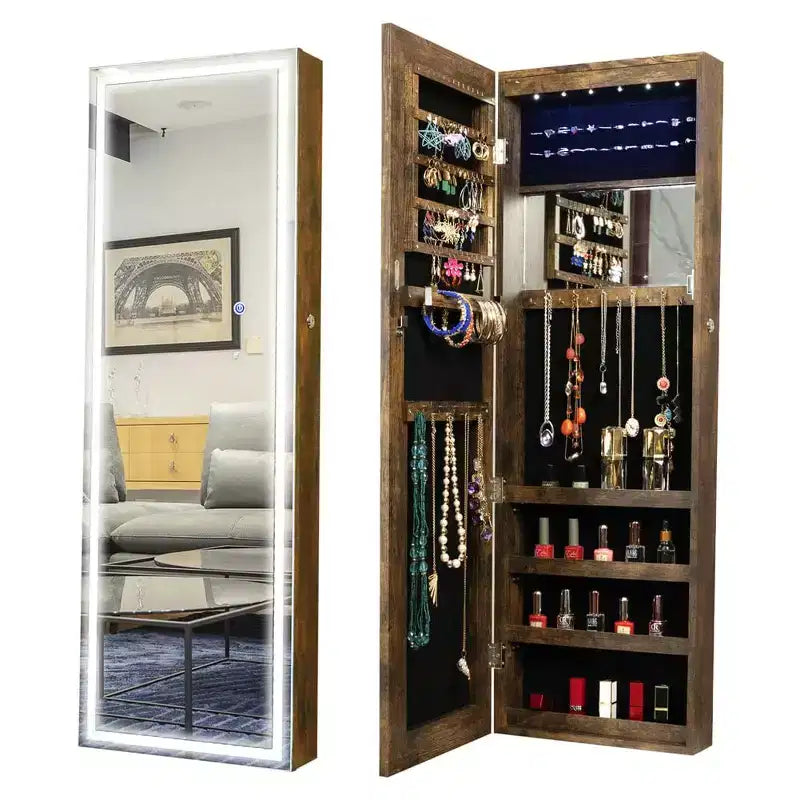 Wall Door Mounted Jewelry Cabinet with Lights, Lockable Jewelry Organizer Box, Hanging Jewelry Organizer with Large Storage Capacity