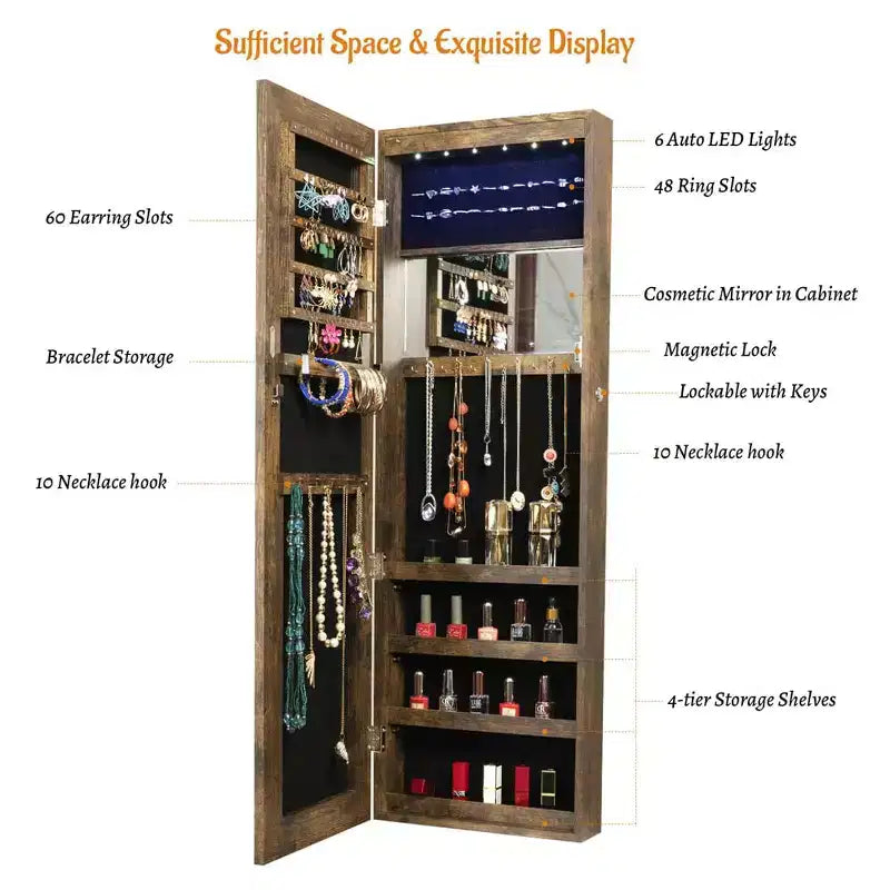 Armoire à bijoux murale/à suspendre avec lumières, boîte de rangement à bijoux verrouillable, organisateur de bijoux avec grande capacité de rangement
