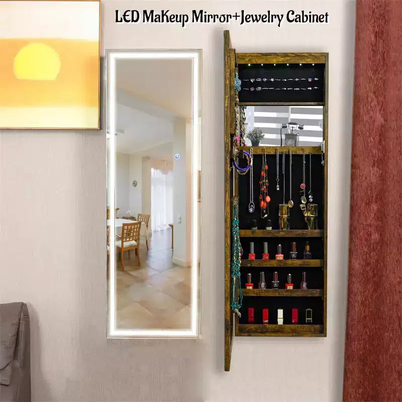 Armoire à bijoux murale/à suspendre avec lumières, boîte de rangement à bijoux verrouillable, organisateur de bijoux avec grande capacité de rangement