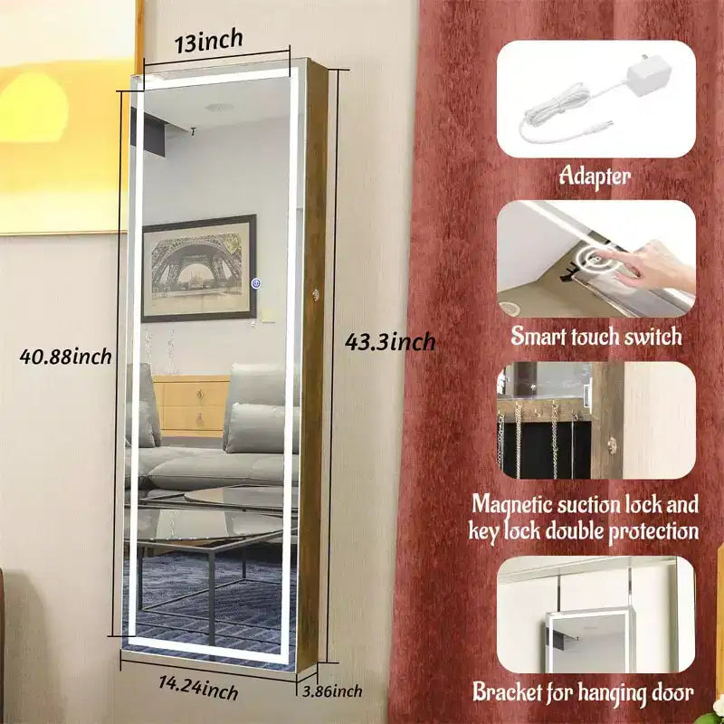Armoire à bijoux murale/à suspendre avec lumières, boîte de rangement à bijoux verrouillable, organisateur de bijoux avec grande capacité de rangement